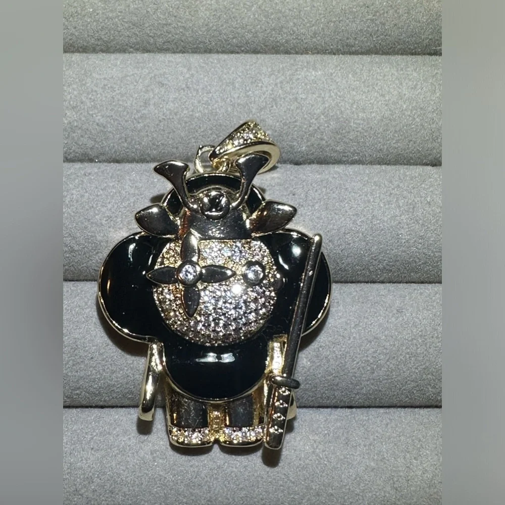 14K Gold Samurai Flower Doll Micro Pavé Iced Out Bling Drip Hip Hop Necklace - Picture 9 of 9